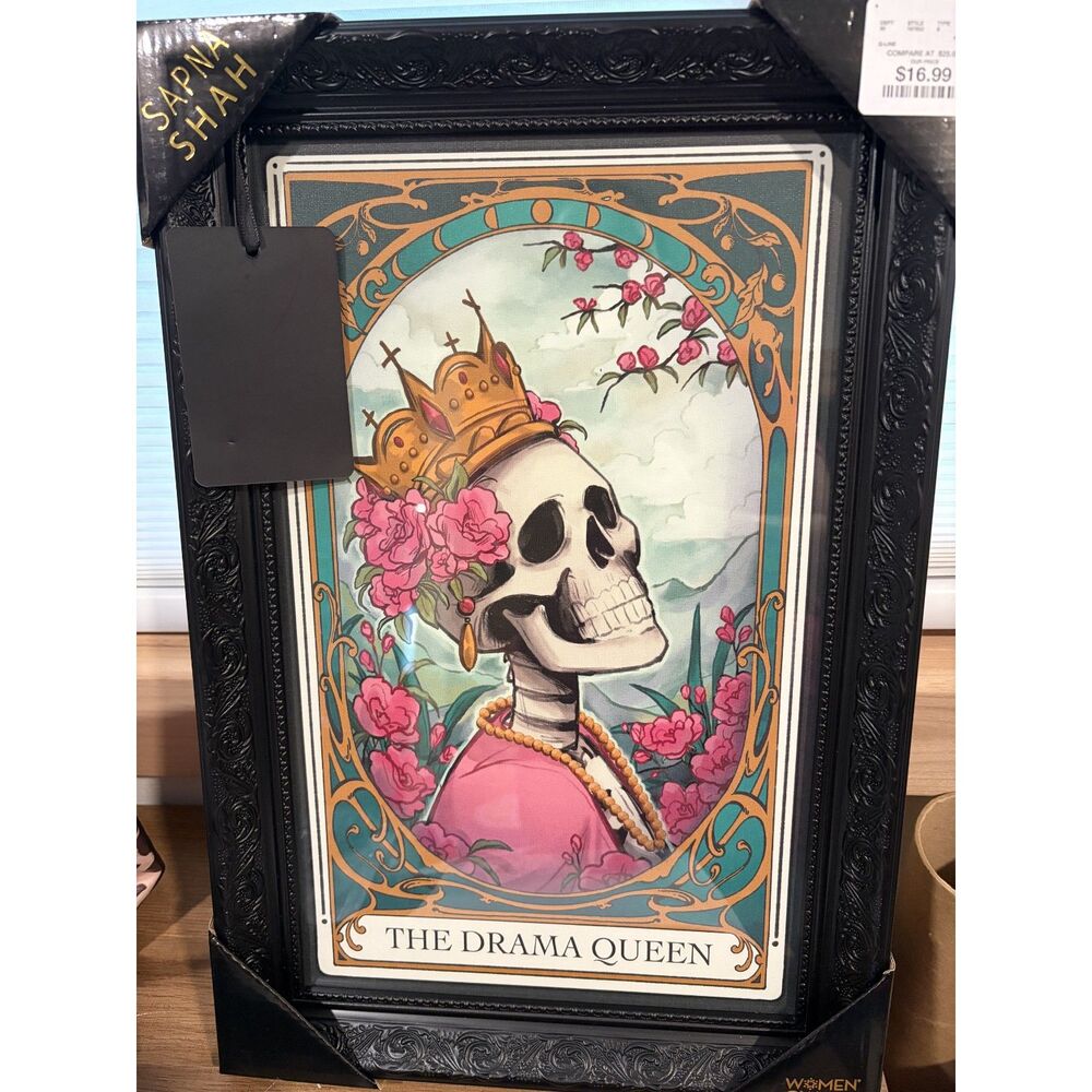 NWT The Drama Queen Gothic Skeleton Framed Wall Art Halloween Decor Black Frame